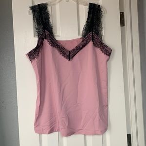 Pink rose and black lace top, flowy blouse sz XL